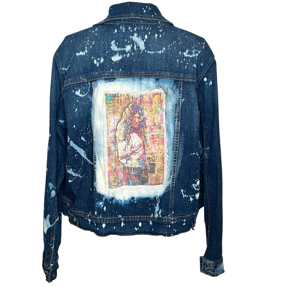 Per Se Blue Denim Jacket Paint Splatter Back Embellishment Frayed Womens Size 1X